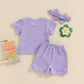 Toddler Baby Girls Daisy Chenille Patch Outfit Short Sleeve T-Shirt Shorts Headband 3Pcs Summer Clothes Set (Purple, 18-24 Month