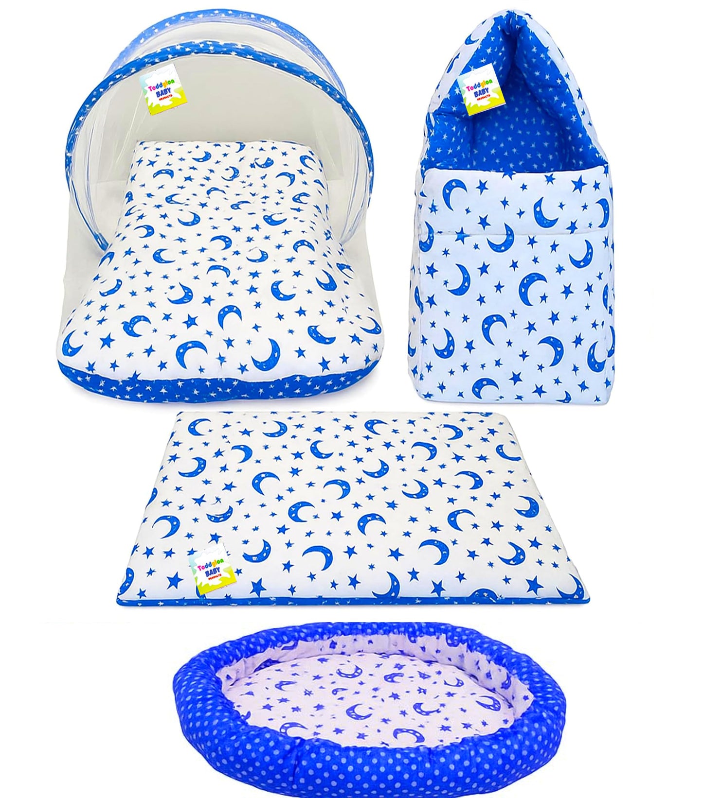 Toddylon Baby Bedding Set New Born Cotton Mattress With Net Carry Bed Gaddi & Reversible Bed (06 Months) Blue