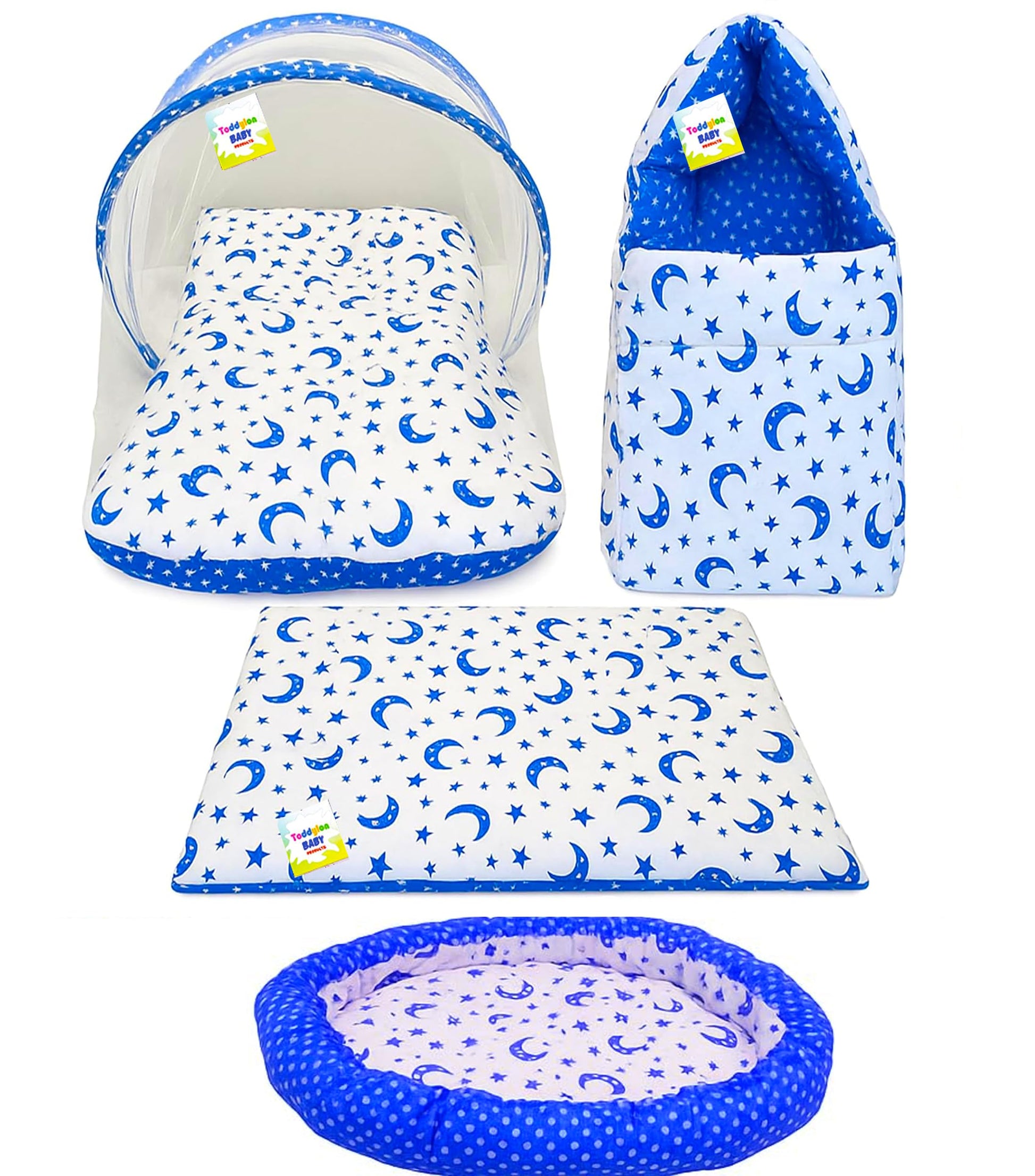 Toddylon Baby Bedding Set New Born Cotton Mattress With Net Carry Bed Gaddi & Reversible Bed (06 Months) Blue