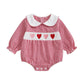 Newborn Baby Girls Valentines Day Clothes Long Sleeve Doll Collar Smocked Heart Embroidery Plaid Bubble Romper Outfit (Red, 3-6