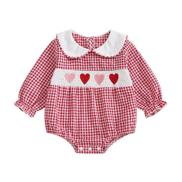 Newborn Baby Girls Valentines Day Clothes Long Sleeve Doll Collar Smocked Heart Embroidery Plaid Bubble Romper Outfit (Red, 6-12