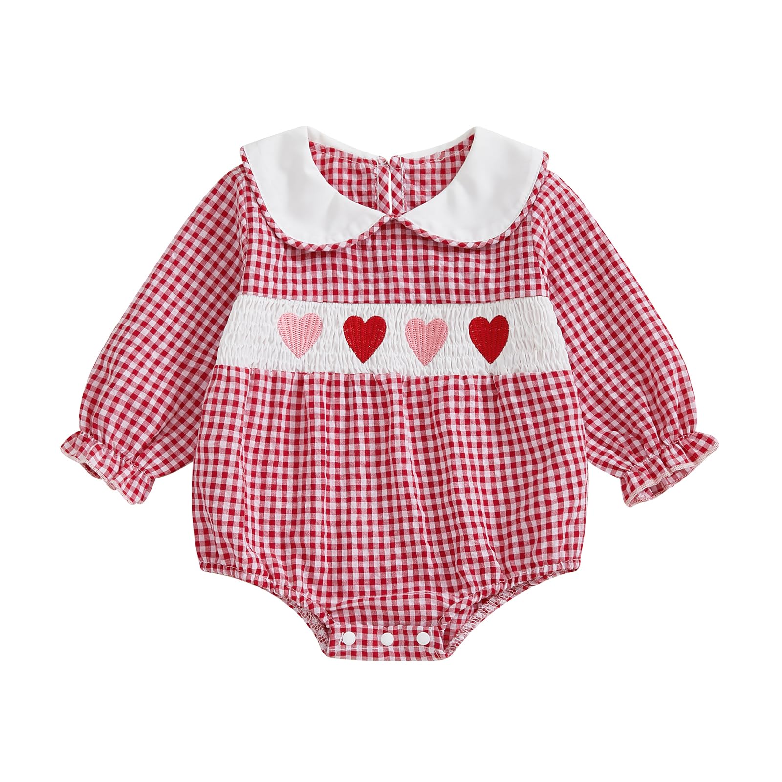 Newborn Baby Girls Valentines Day Clothes Long Sleeve Doll Collar Smocked Heart Embroidery Plaid Bubble Romper Outfit (Red, 12-1