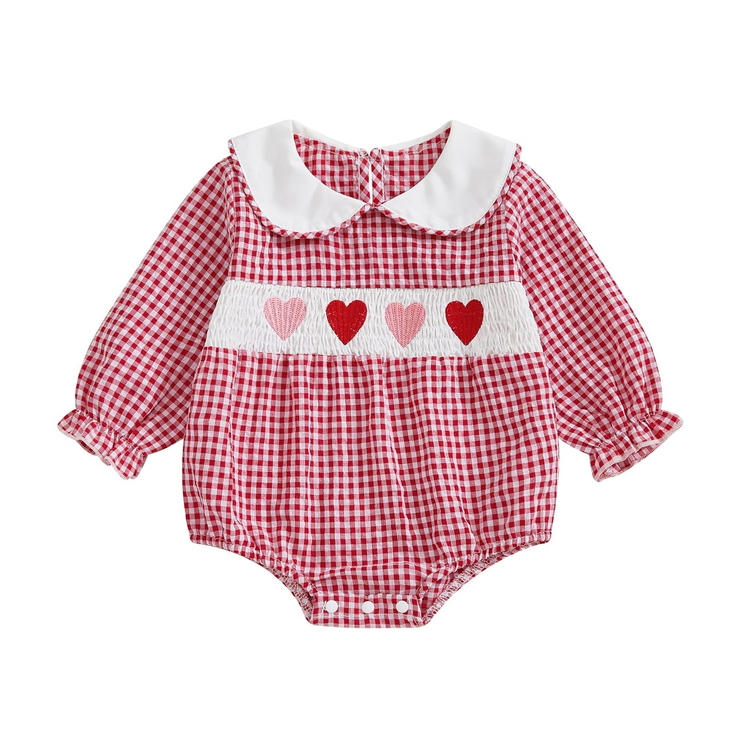 Newborn Baby Girls Valentines Day Clothes Long Sleeve Doll Collar Smocked Heart Embroidery Plaid Bubble Romper Outfit (Red, 18-2