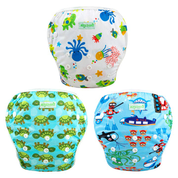 wegreeco Reusable Swim Diapers,Baby & Toddler Snap One Size Adjustable Reusable Baby Swim Diaper (Diving,Ocean,Turtle,Small,3 Pa