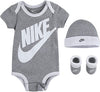 Nike Babys Bodysuit, Hat And Booties 3 Piece Set (Heather Grey(Mn0073-042)/White, 6-12 Months)