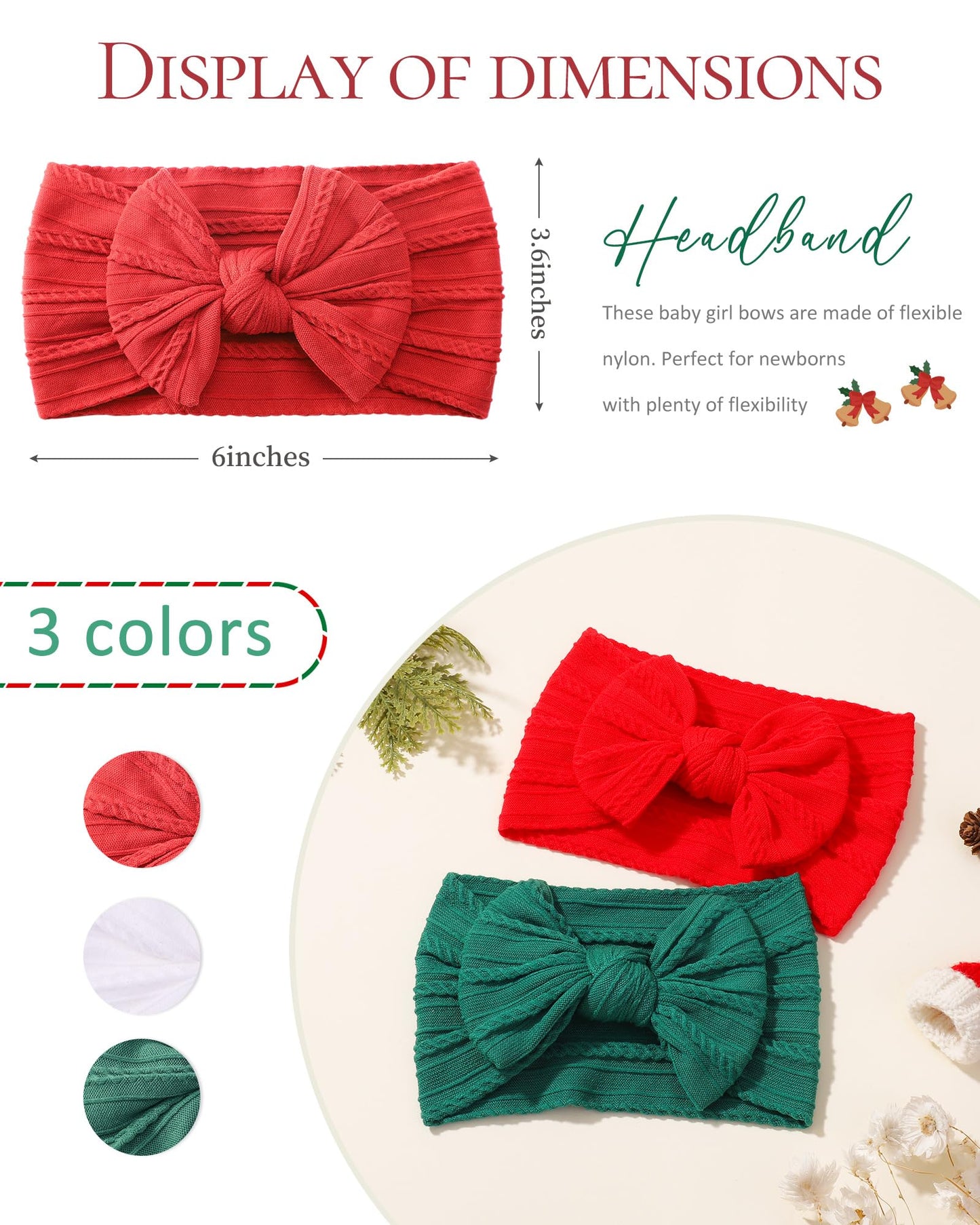 Jollybows Baby Girl Headband Bows Nylon Head Wraps Newborn Hairbands Infant Toddler Hair Bow (4- Red Green White- Merry Christma