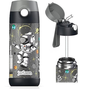Jarlson Kids Water Bottle With Straw - Charli - Insulated Stainless Steel Water Bottle - Thermos - Girlsboys (Astronaut Star, 12