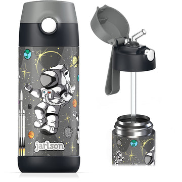 Jarlson Kids Water Bottle With Straw - Charli - Insulated Stainless Steel Water Bottle - Thermos - Girlsboys (Astronaut Star, 12
