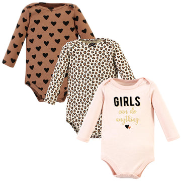 Hudson Baby Unisex Baby Cotton Long-Sleeve Bodysuits, Cinnamon Hearts 3 Pack, 9-12 Months