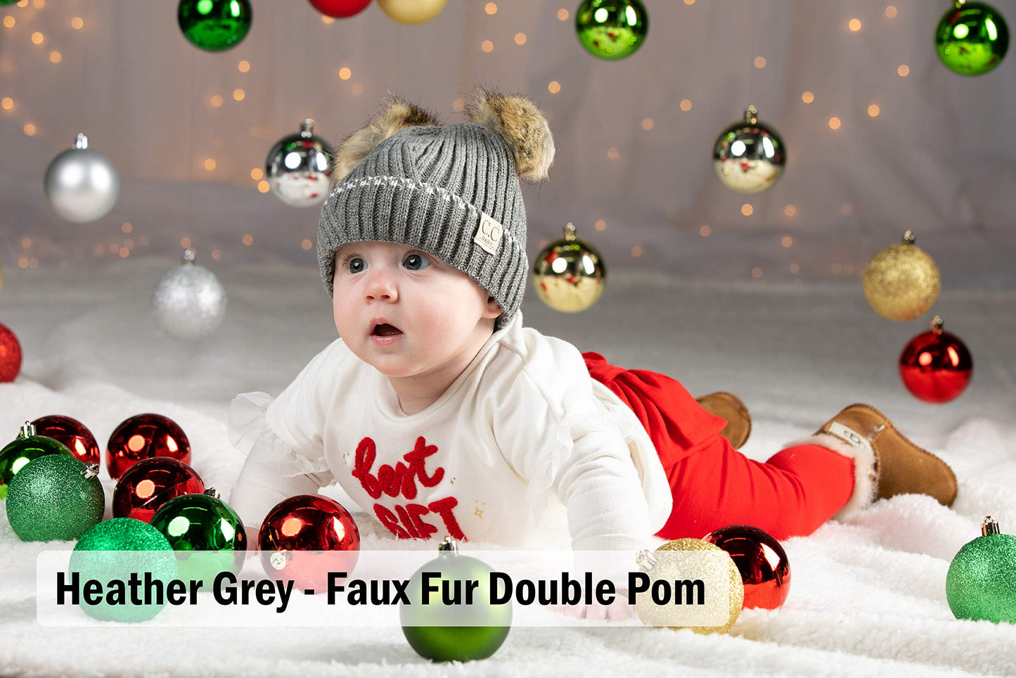 Funky Junque Baby Girl Winter Hat Double Pom Pom Beanie For Baby By Warm Knit Infant Skull Cap 2 Pack Ivory & Grey