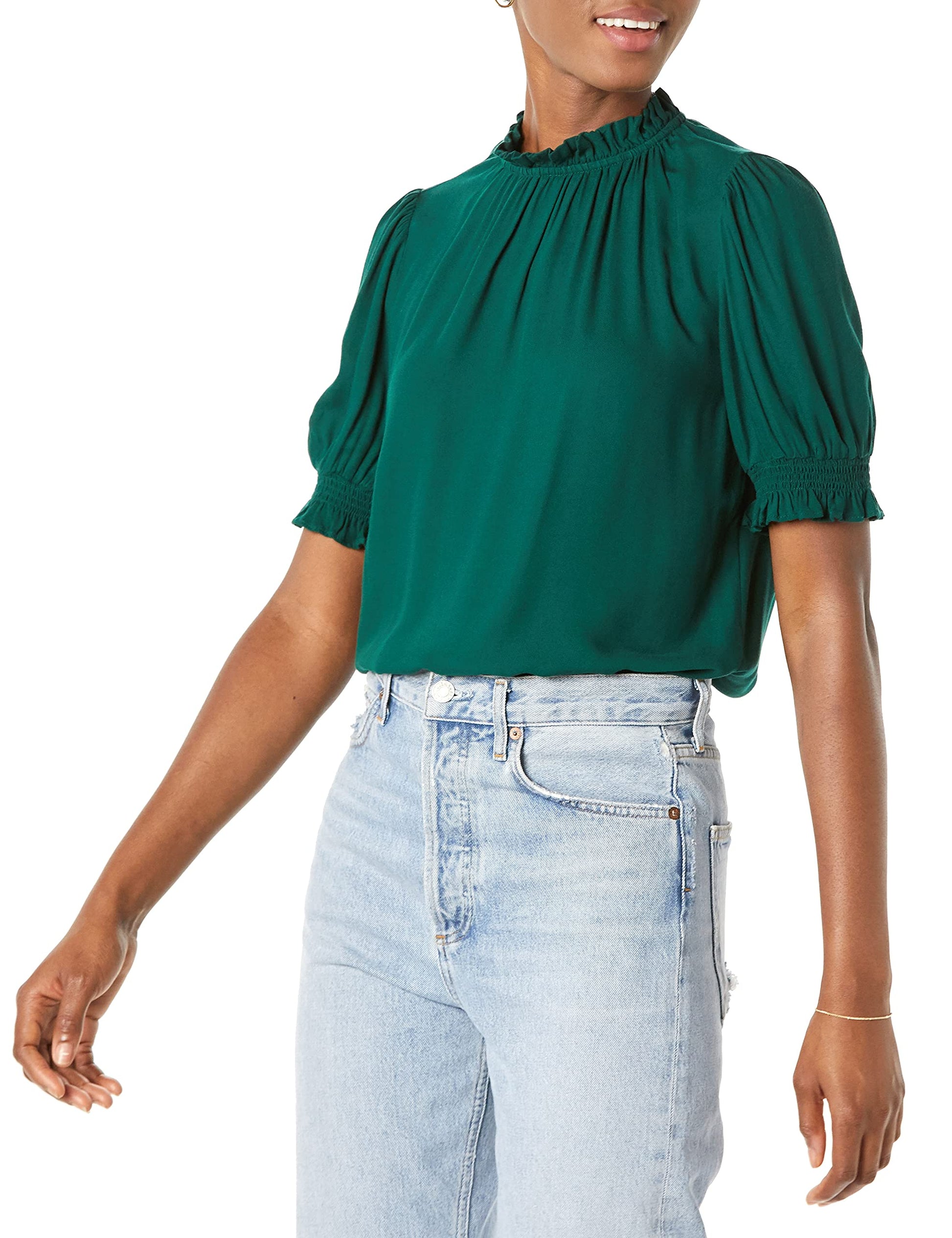 Amazon Essentials Womens Fluid Twill Short Puff Sleeve Smock Detail Shirt, Dark Green, X-Large