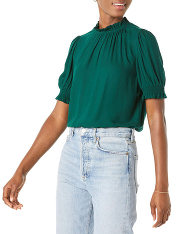 Amazon Essentials Womens Fluid Twill Short Puff Sleeve Smock Detail Shirt, Dark Green, X-Large