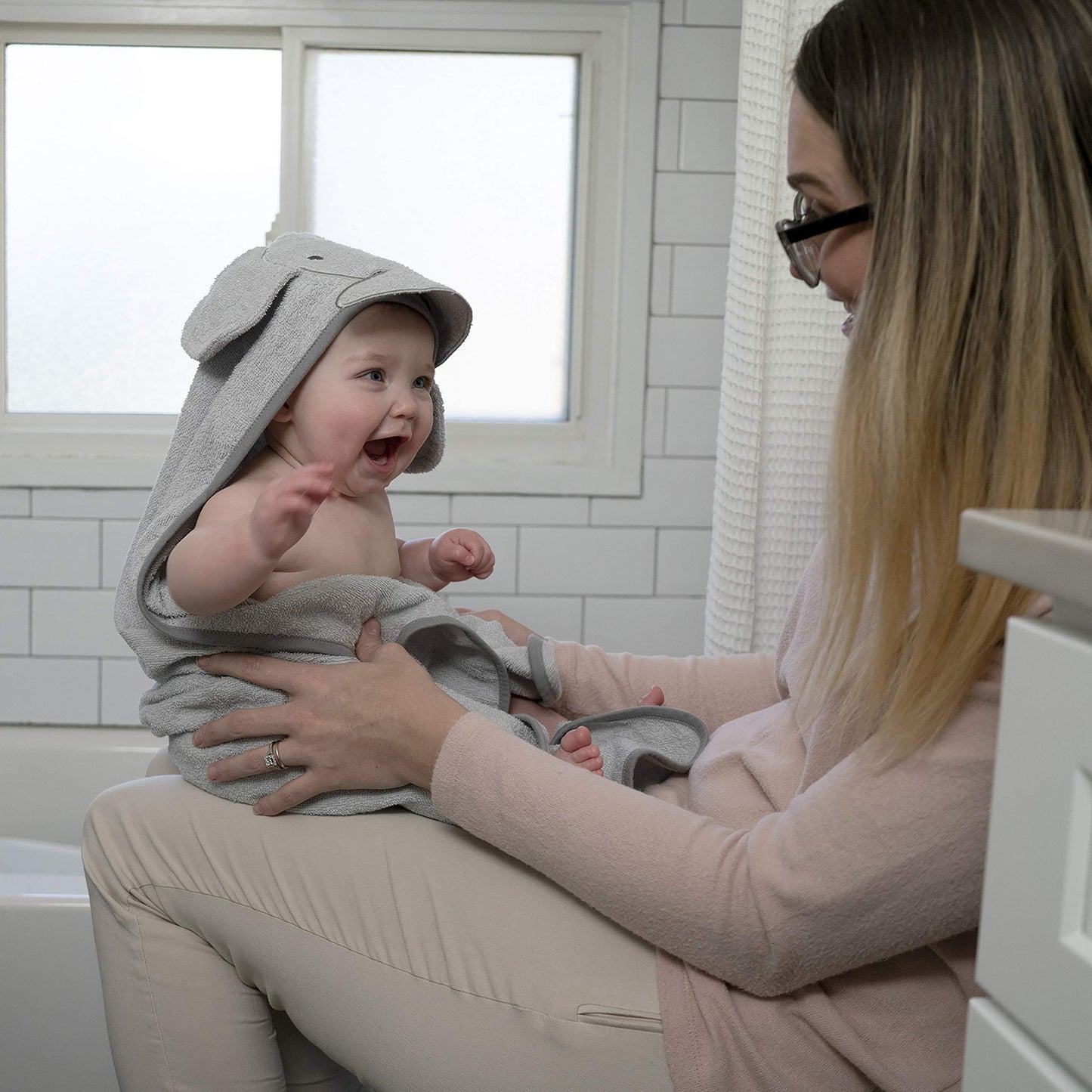 Ingenuity Clean & Cuddly Hooded Baby Elephant Bath Animal Towel - Perfect Shower Gift - Grazer