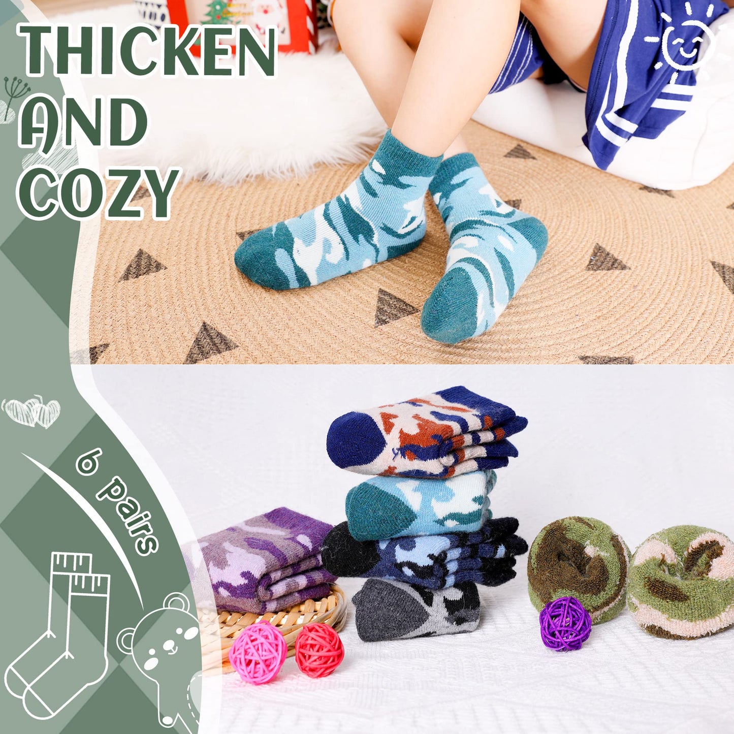 Children'S Winter Warm Wool Solid Color Socks Kids Boy Girls Thermal Crew Socks 6 Pairs (6 Pairs Camouflage, 8-12 Years)