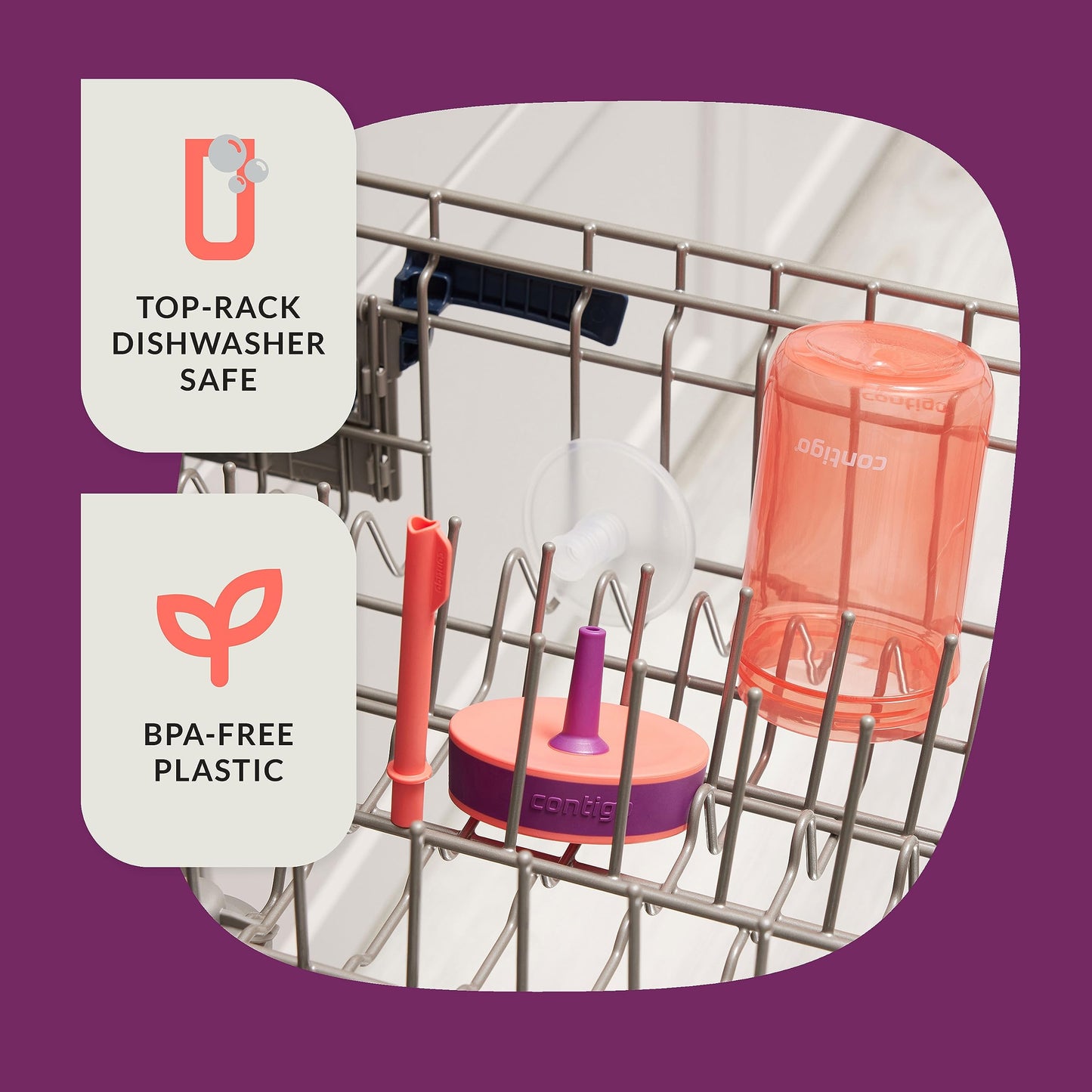 Contigo Kids Leighton Straw Tumbler With Spill-Proof Leak-Proof Lid, 14Oz, Coral/Grape