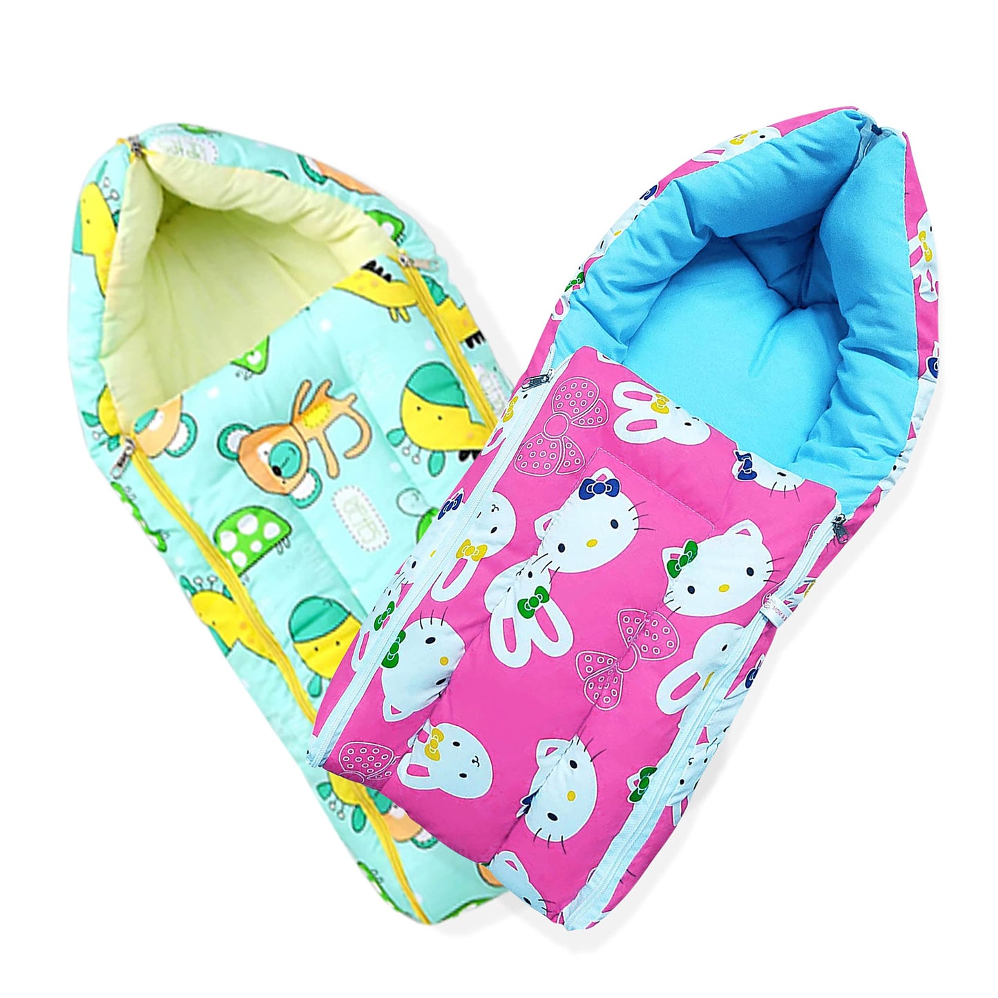 Mom & Son 2 In 1 BabyS Cotton Sleeping And Carry Bag (06 Months) (Green & Pink Kitty)