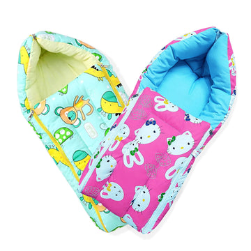 Mom & Son 2 In 1 BabyS Cotton Sleeping And Carry Bag (06 Months) (Green & Pink Kitty)