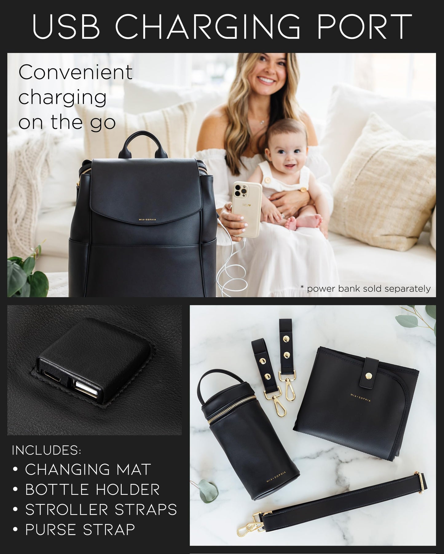 Mia + Sophia Leather Diaper Bag Backpack With Usb Charging Port, Changing Pad, Stroller Straps, And Bottle Holder (Black Olivia)