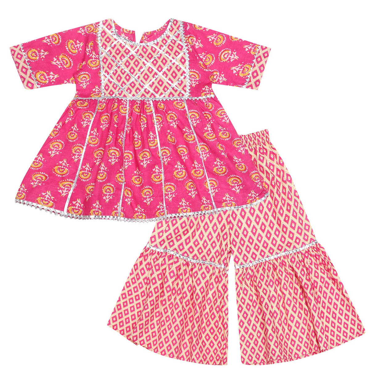 Superminis Baby Girls Cotton Sanganeri Printed Frock Style Kurti With Printed Sharara Dress (1218 Months, Light Pink)