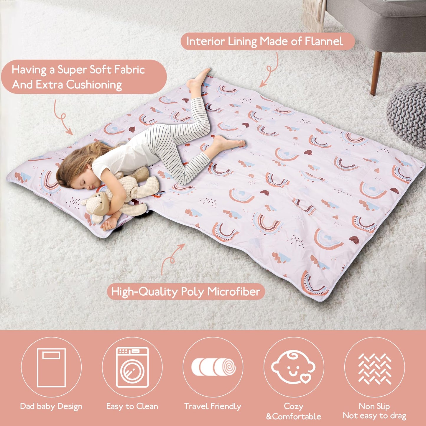 Toddler Nap Mat With Removable Blanket And Pillow, Extra Large Rolled Napping Mats,Toddler Sleeping Bag,Kids Sleeping Bag For Da