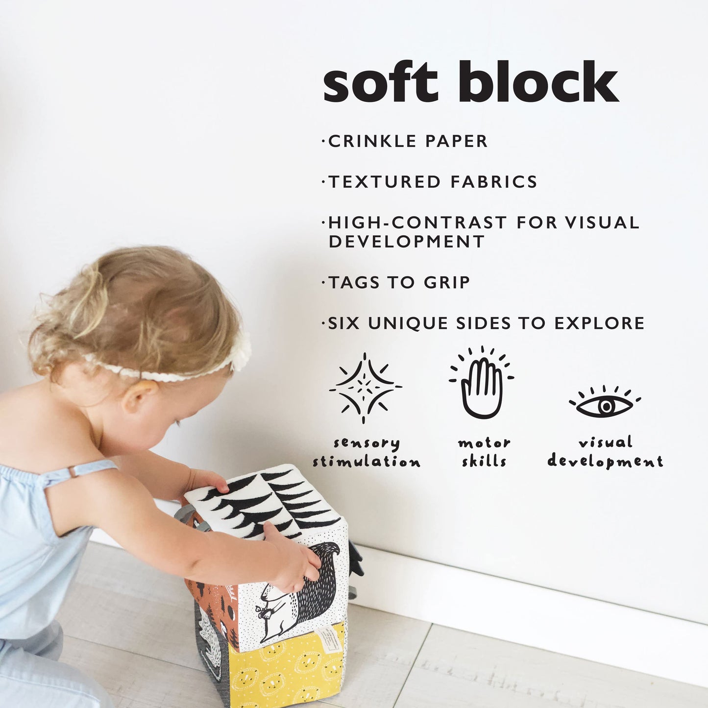 Wee Gallery Soft Block, Baby Sensory Toy with High-Contrast Graphics, Organic Soft Fabric Soft Blocks, Crinkle Flap and Textures