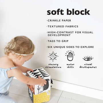Wee Gallery Soft Block, Baby Sensory Toy with High-Contrast Graphics, Organic Soft Fabric Soft Blocks, Crinkle Flap and Textures