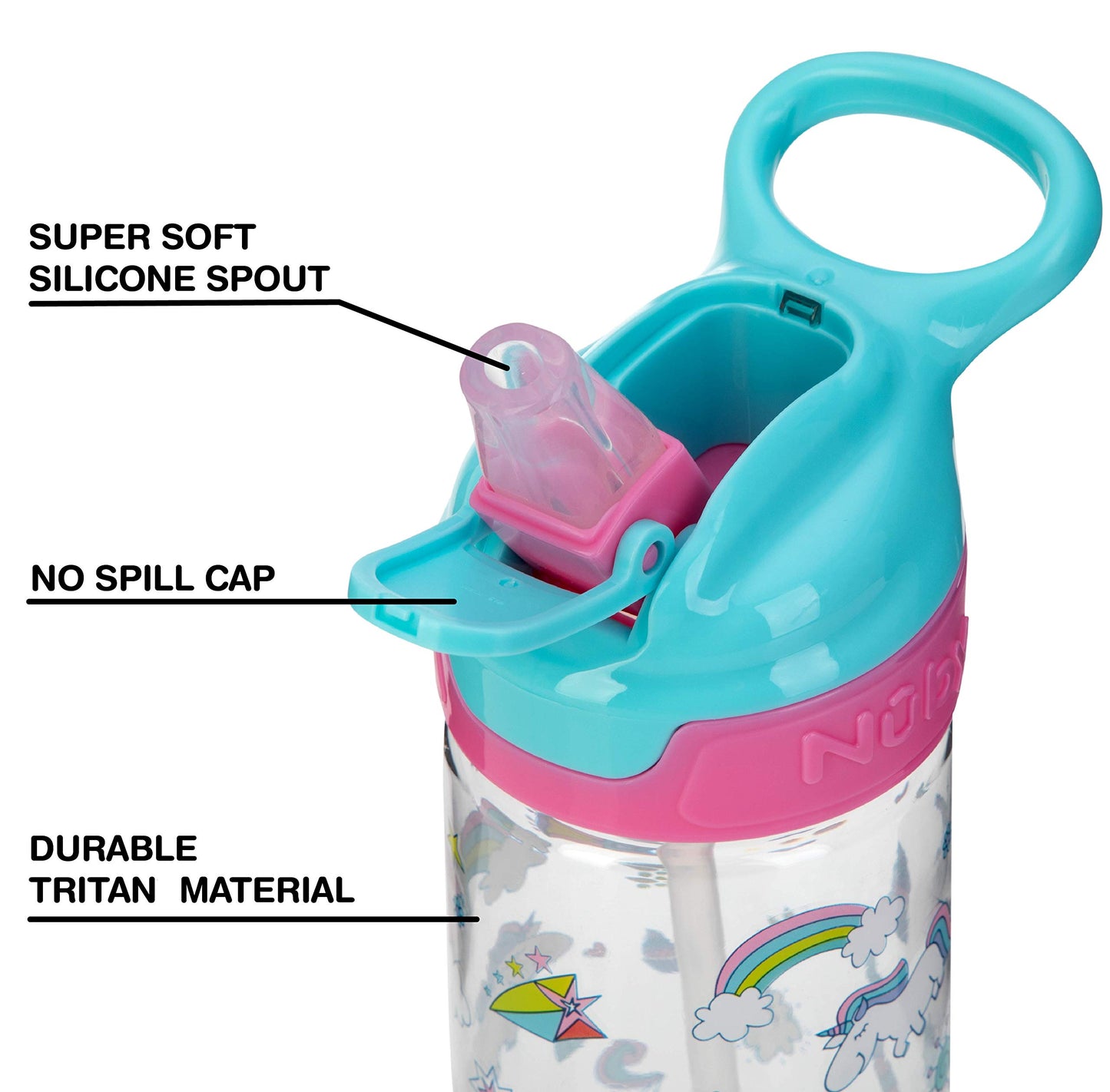 Nuby Push Button Flip-It Soft Spout Tritan Water Bottle, Pink Unicorns, 18 Oz