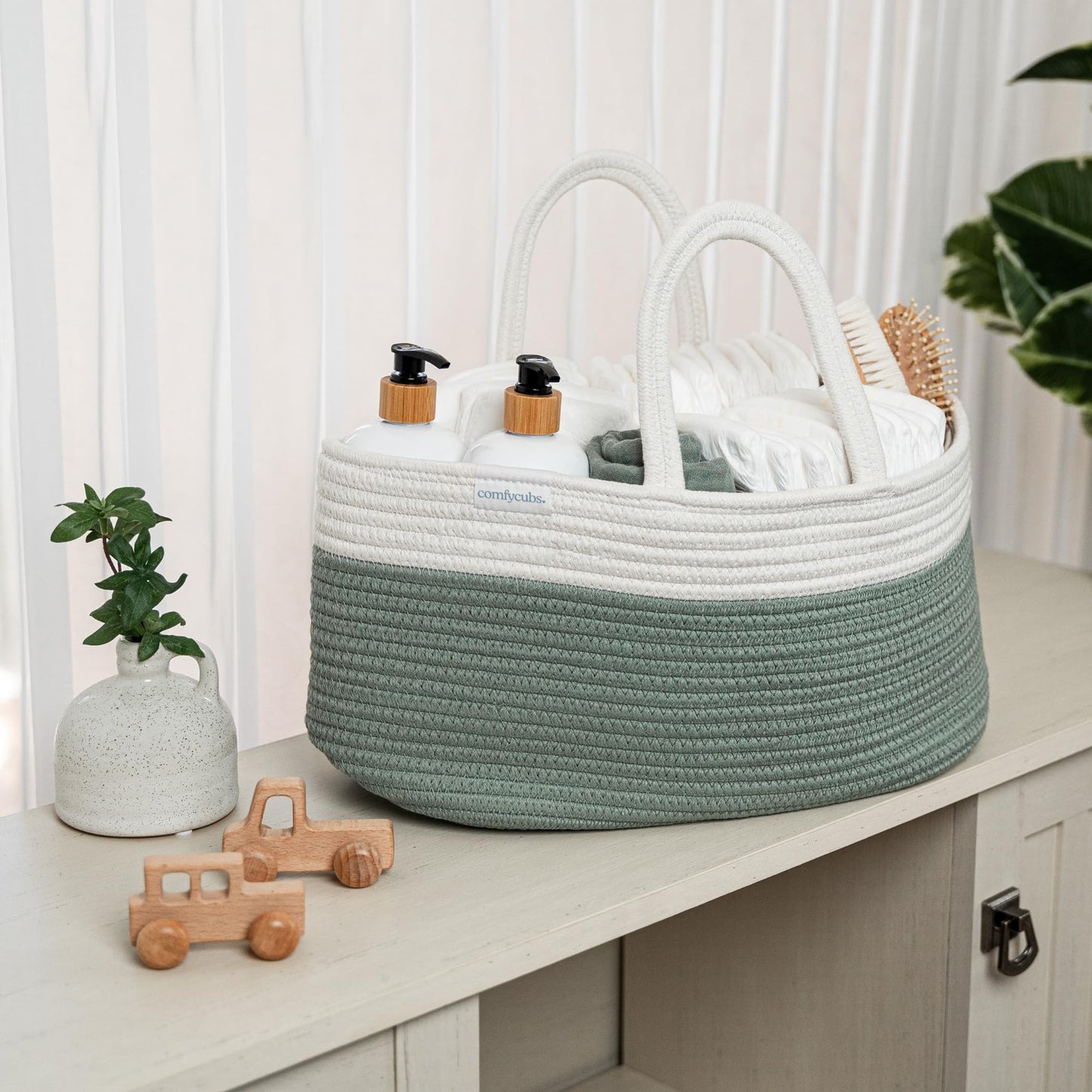 Comfy Cubs Rope Diaper Caddy Organizer 8.5' X 15' X 8' - Large Baby Diaper Basket With 3 Spacious Compartments - Stylish Cott