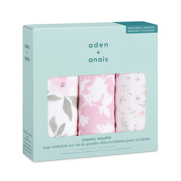 Aden + Anais Classic Boutique Washcloth Set, Super Soft 100% Cotton Muslin, 3-Pack, Ma Fleur