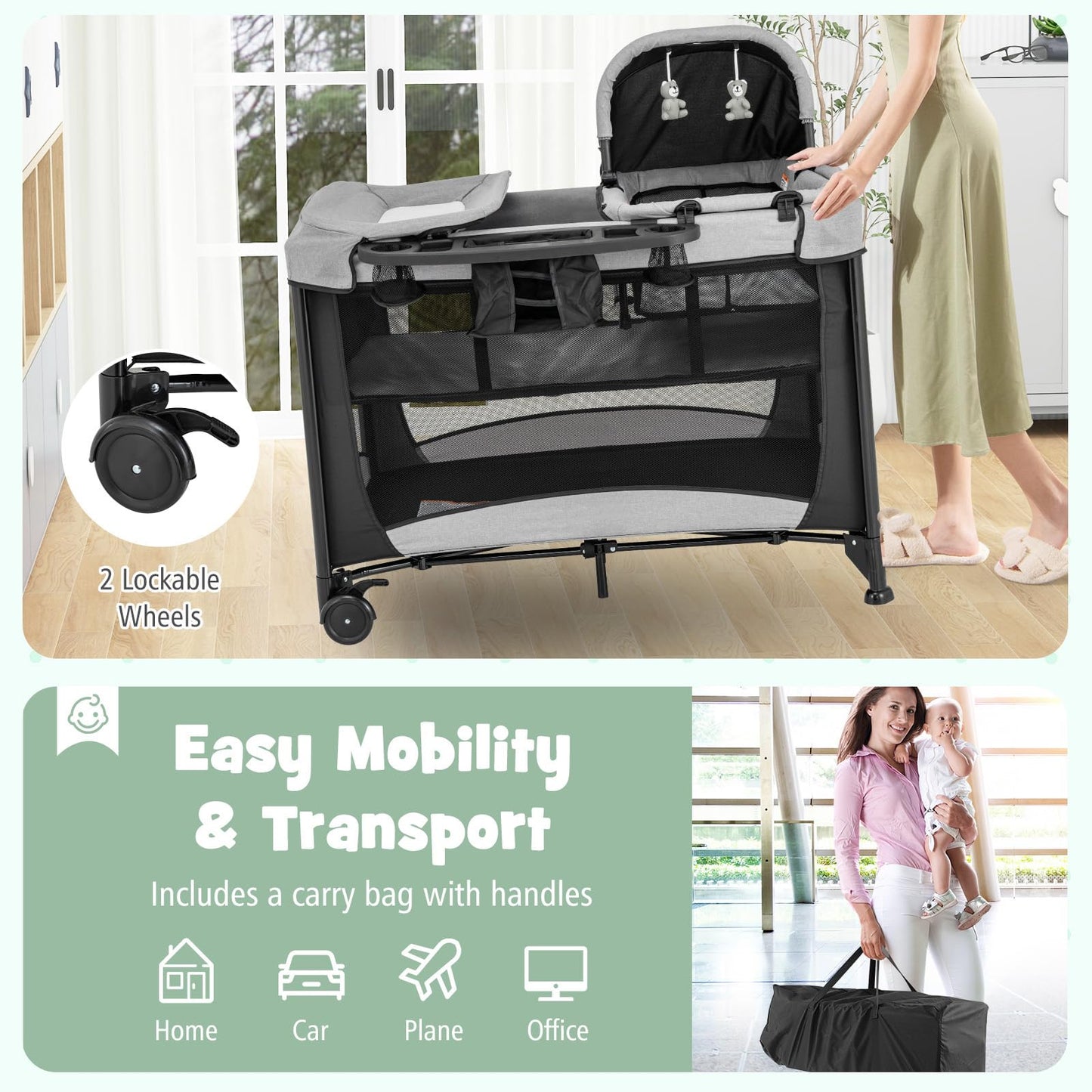 Honey Joy Pack And Play, 5 In 1 Portable Infant Playpen With Bassinet & Changing Table, Storage Bag, Music Box, Toys, Carry Bag,