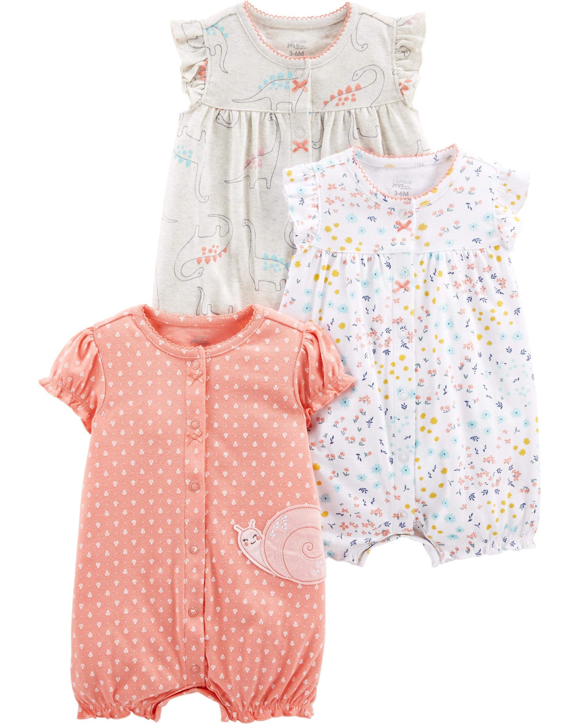 Simple Joys by Carters Baby Girls 3-Pack Snap-up Rompers Pants, dino/floral/Snail, 24 Months