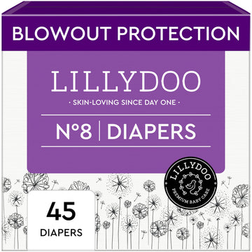 LILLYDOO Baby Diapers - Size 8 (37+ lbs), Half-Monthly Supply (45 Count), Leak Protection, Skin-Friendly, Ultrasoft, Perfume- & 