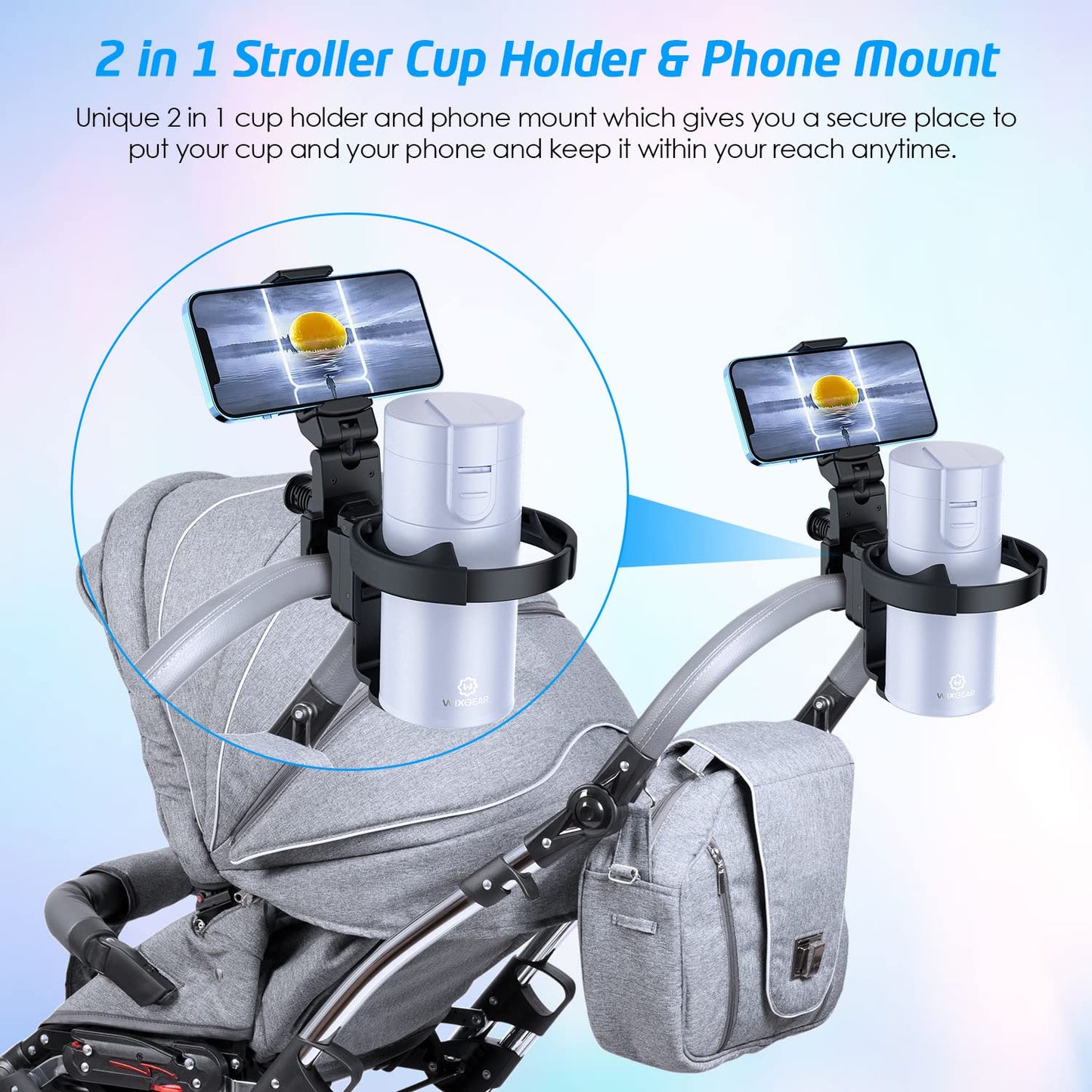 Wixgear Stroller Cup Holder With Phone Stand Holder, 2-In-1 Universal Cup Phone Holder For Stroller, Wheelchair, Walker, With Ne