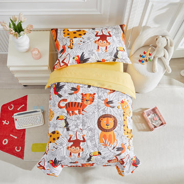 4 Pieces Toddler Bedding Set for Boys Toddler Bed Set  1 Toddler Comforter + 1 Fitted Sheet +1 Flat Sheet +1 Pillowcase