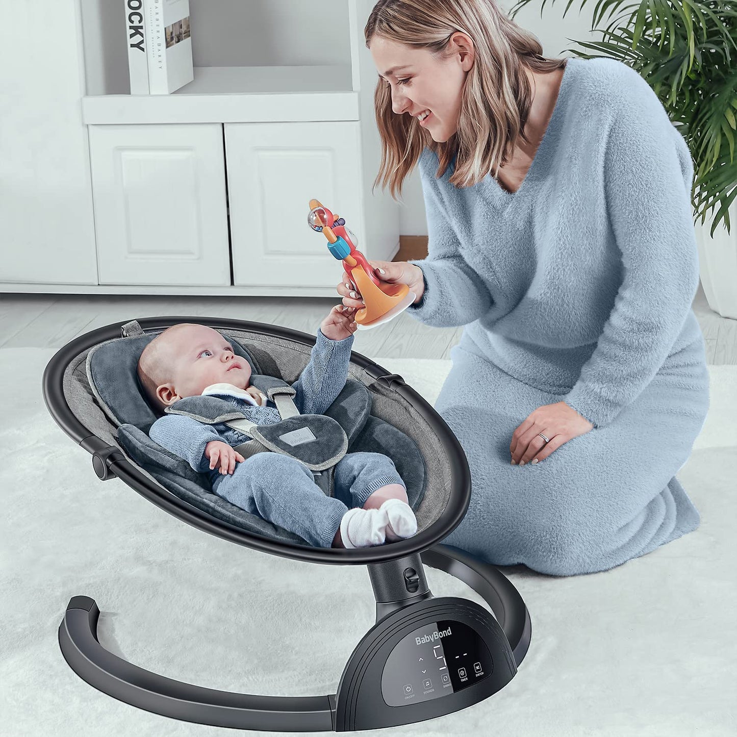 Babybond Baby Swings For Infants, Bluetooth Infant Swing With Music Speaker, 3 Seat Positions, 5 Point Harness Belt, 5 Speeds An