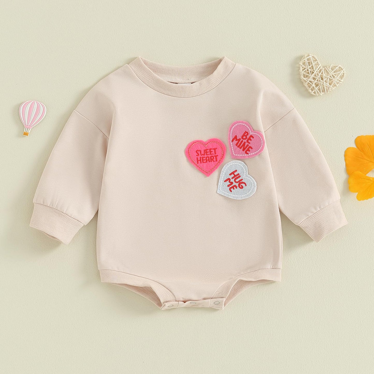 Socutebabe Valentines Day Baby Girl Boy Outfit Embroidered Heart Sweatshirts Bubble Romper Onesie Long Sleeve Toddler Clothes (C