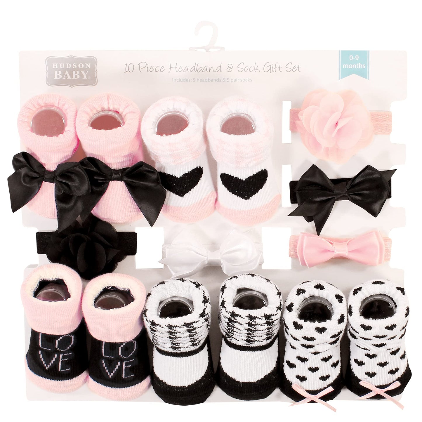 Hudson Baby Baby Girls' Headband And Socks Giftset, Pink Black Love 10-Pack, One Size
