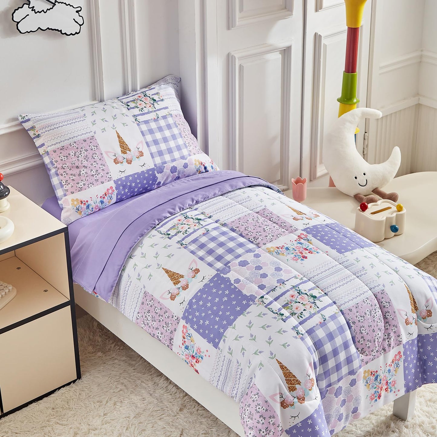 Joyreap 4 Piece Toddler Bedding Set- Purple Butterflies Flowers Patchwork Toddler Comforter Set, Includes Quilted Comforter, Fit