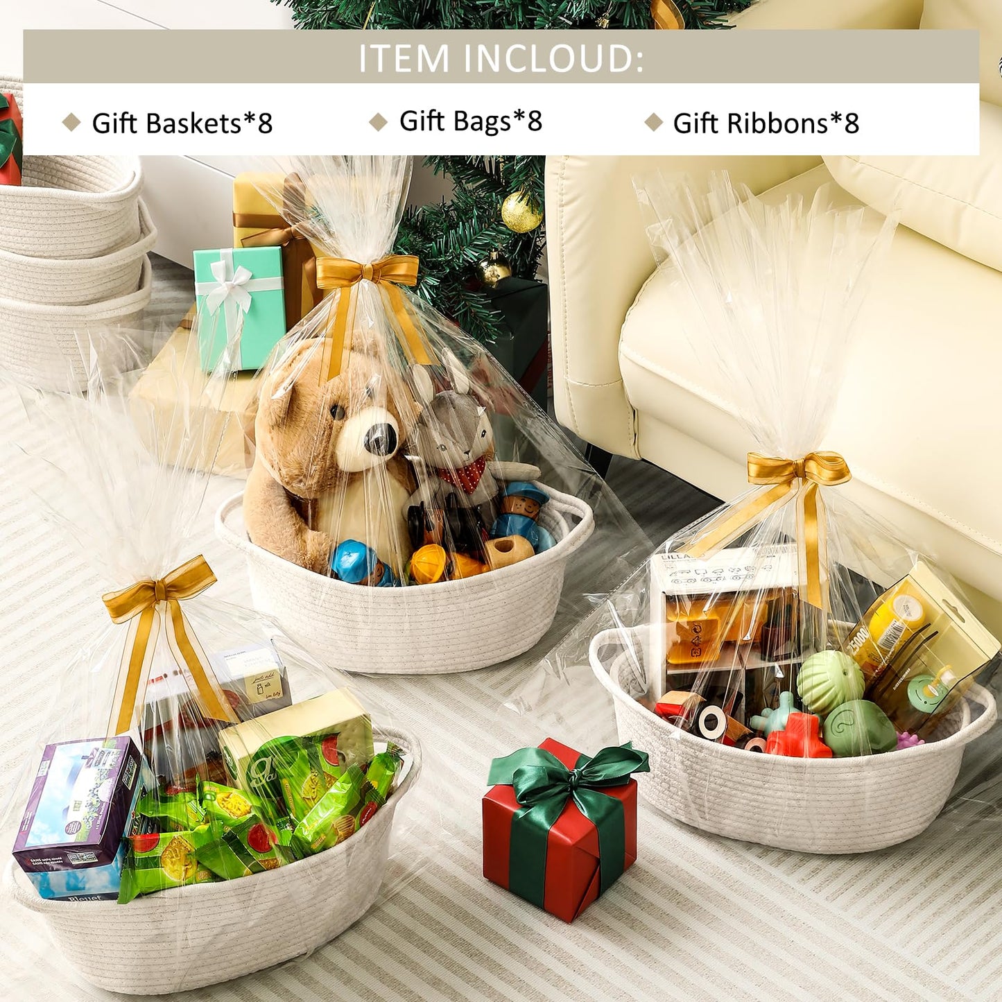 8 Pack Small Woven Basket With Gift Bags And Ribbons, All 12 'X 8 'X 5 ', Empty Decorative Gift Chest Box, Cute Baby Gift Bas