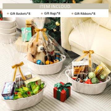 8 Pack Small Woven Basket With Gift Bags And Ribbons, All 12 'X 8 'X 5 ', Empty Decorative Gift Chest Box, Cute Baby Gift Bas