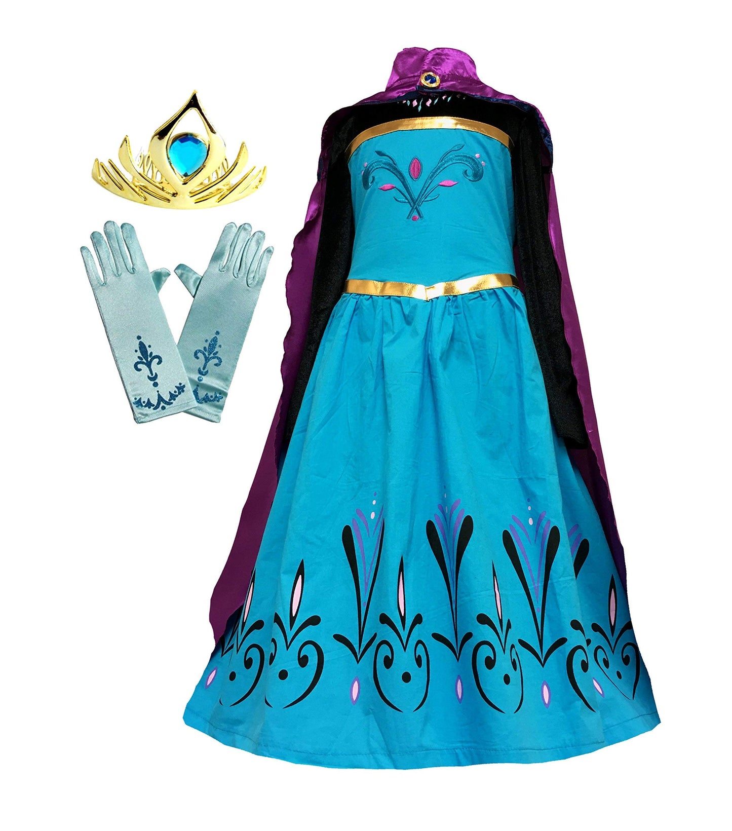 Cokos Box Girls Coronation Dress Costume Cape Gloves Tiara Crown Accessories Kids Set, 4 Years, Blue-Purple