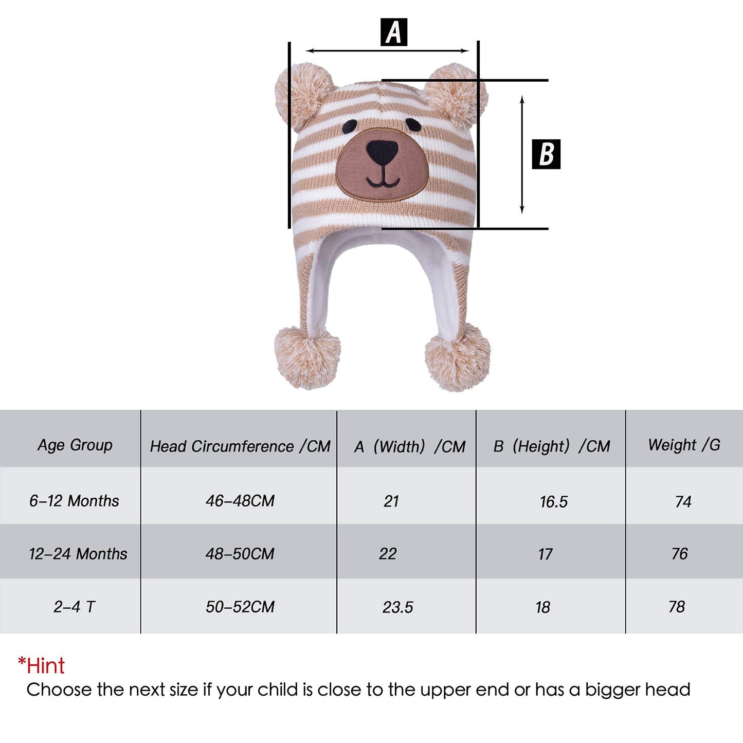 Langzhen Toddler Kids Infant Winter Hat,Earflap Knit Warm Cap Fleece Lined Beanie For Baby Boys Girls (Bear -Beige Stripe, 6-12