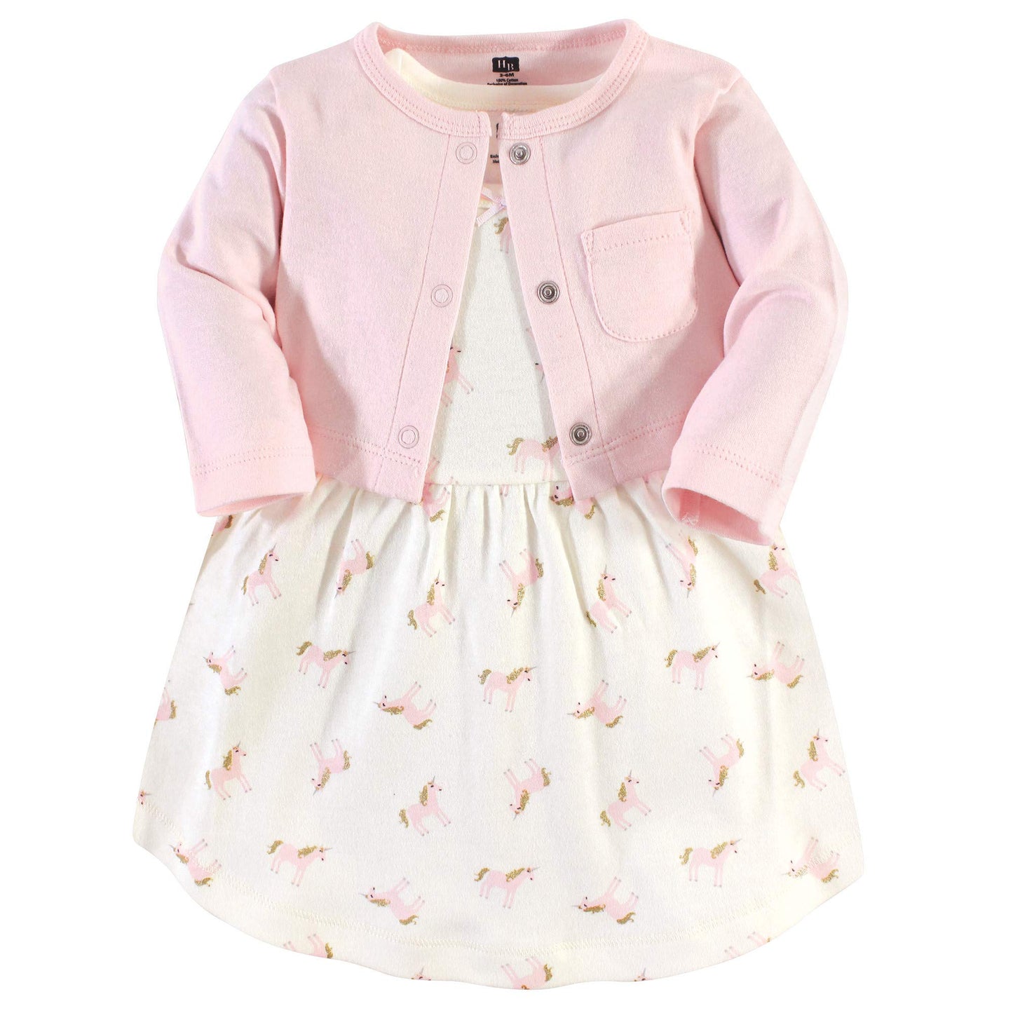 Hudson Baby Baby Girls Cotton And Cardigan Set Casual Dress, Gold Unicorn, 5T Us