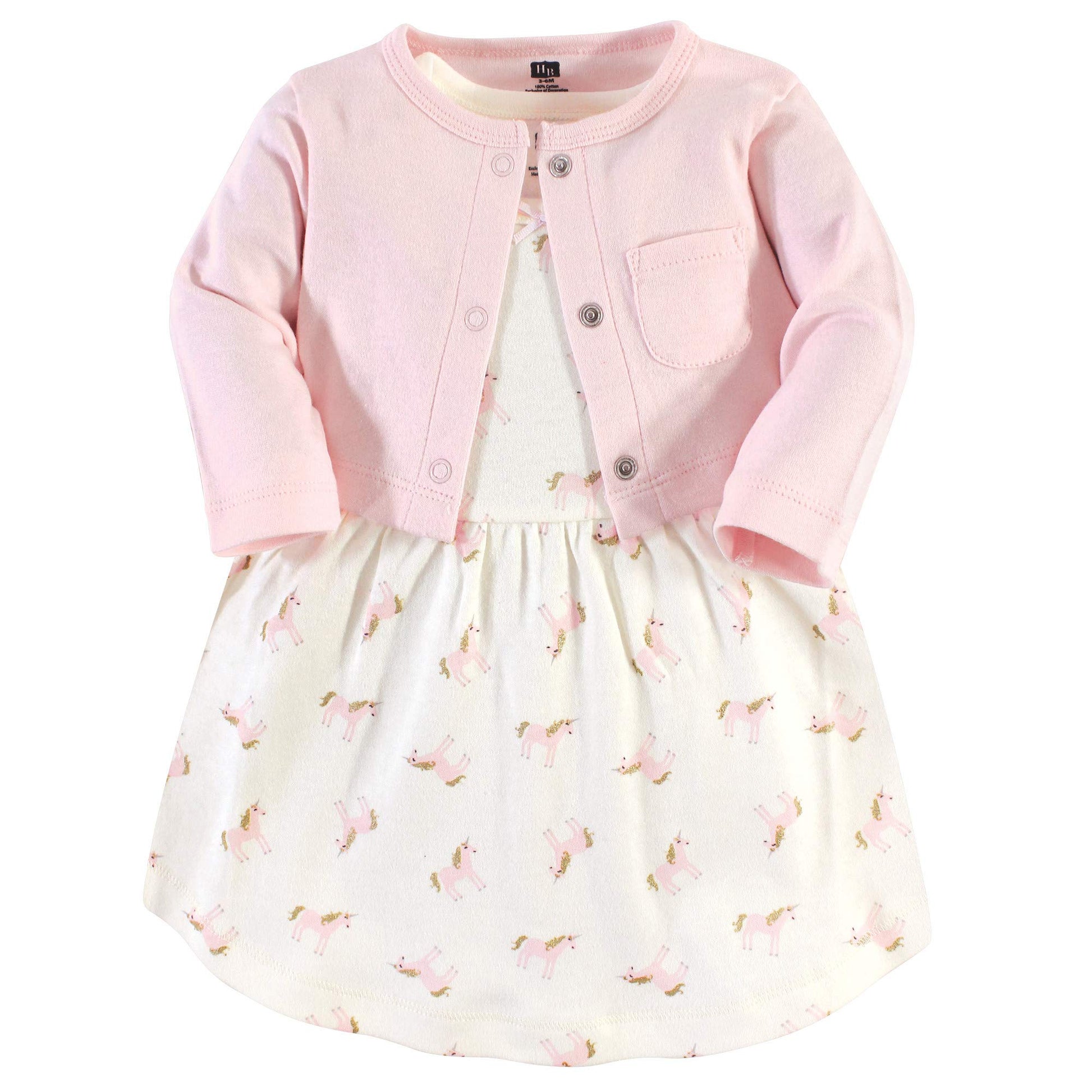 Hudson Baby Baby Girls Cotton And Cardigan Set Casual Dress, Gold Unicorn, 5T Us