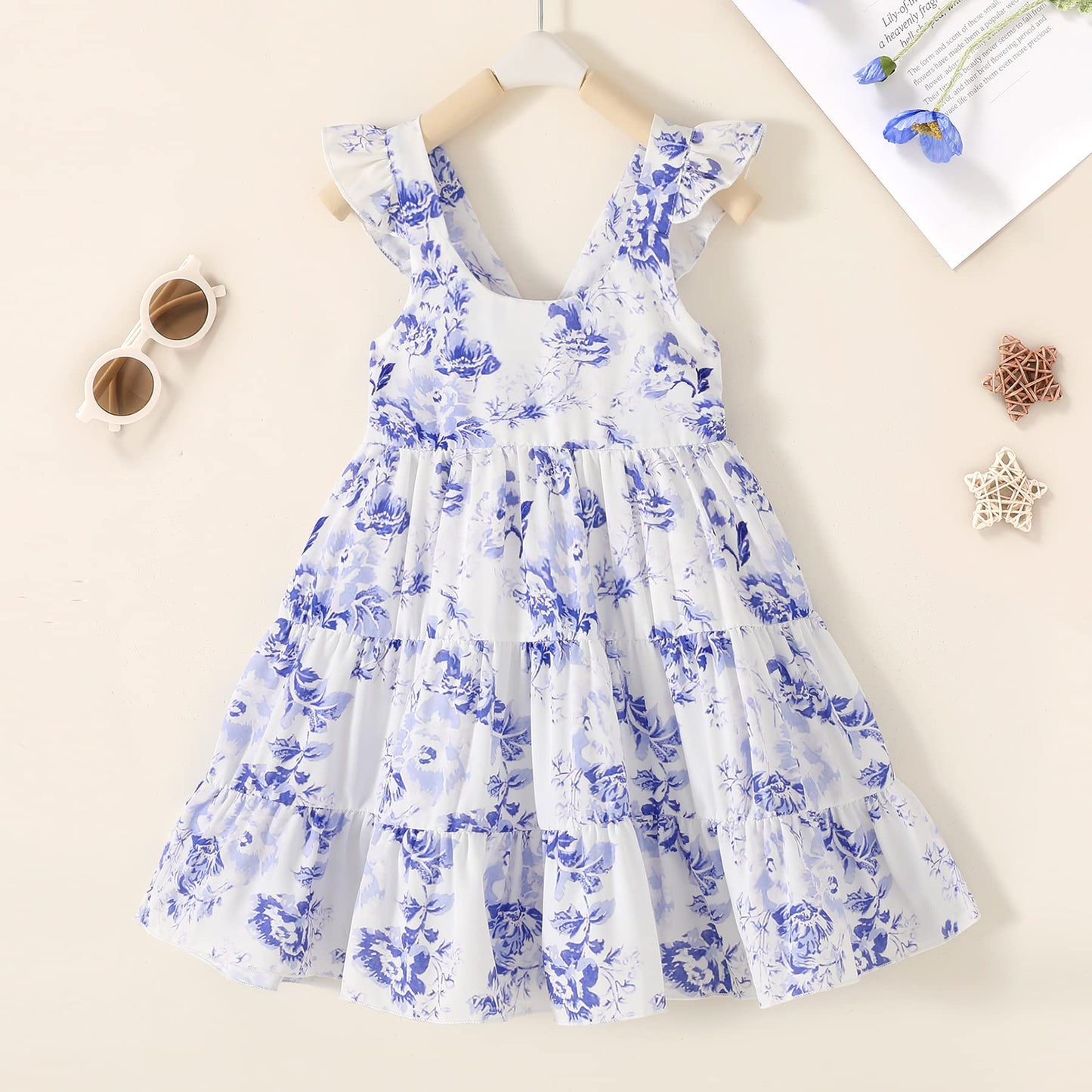Younger Tree Toddler Baby Girl Dress Summer Outfits Floral Flutter Sleeve Smocked Dress Kids Causal Boho Dresses Clothes (12-18