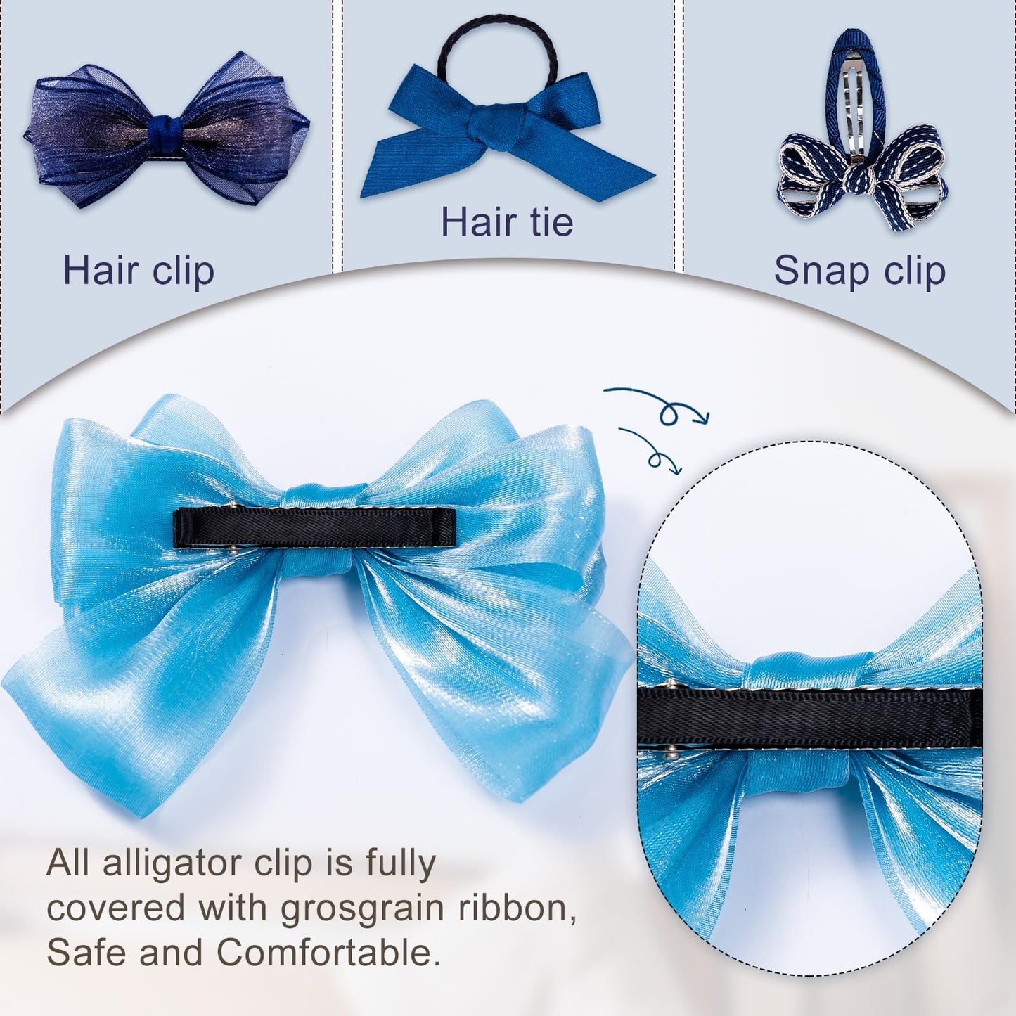 Lmymhmlm 18Pcs Blue Hair Bows For Girls,Toddlers,Teens,Women.Fully Lined Alligator Hair Clips,Cute Hair Ties,Non-Slip Snap Hairp