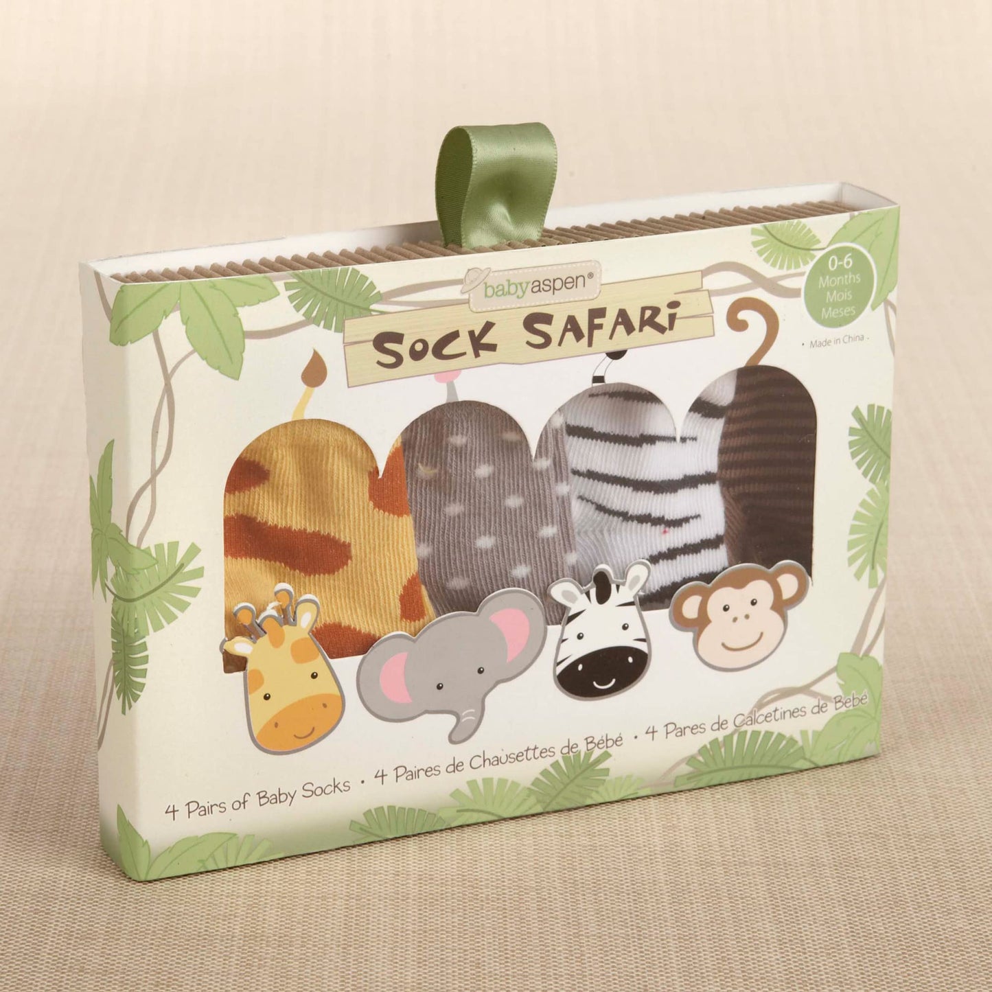 Baby Aspen, 'Sock Safari' Four-Pair Animal-Themed Baby Socks Set, 0-6 Months