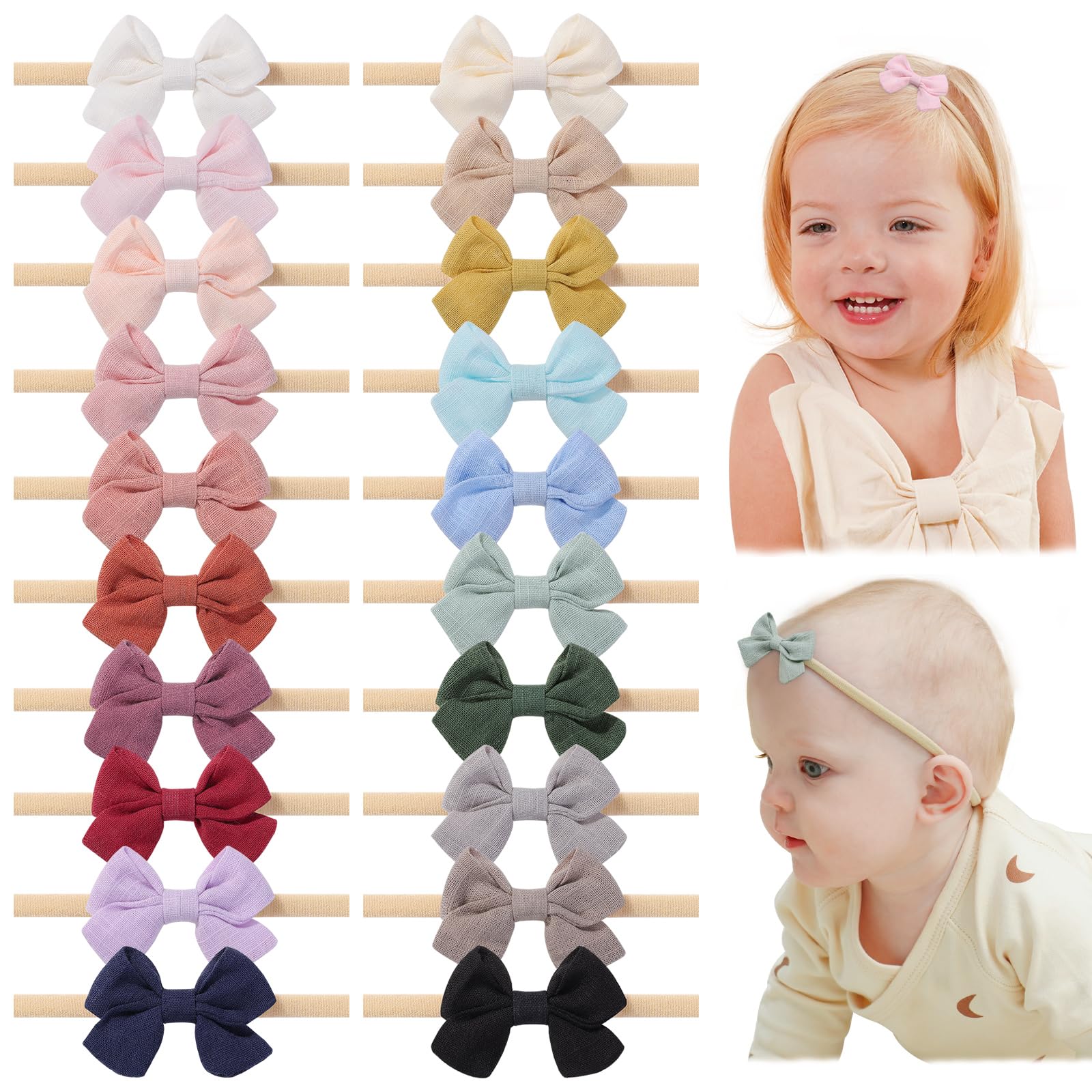 Jollybows 20Pcs Baby Girl Bow Headbands Newborn Nylon Hairband 2' Neutral Linen Infant Hair Bows