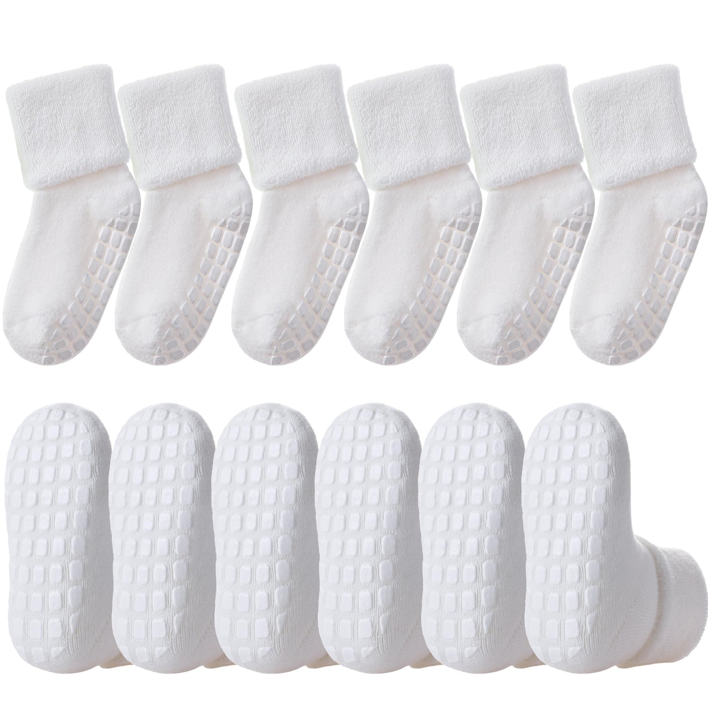 Lanleo Baby Girls Boys Non Slip Socks With Grips Toddler Kids Unisex Warm Thick Cotton Ankle Crew Socks With Grippers 6 Pairs Wh