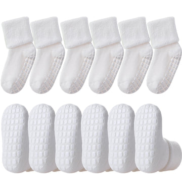 Lanleo Baby Girls Boys Non Slip Socks With Grips Toddler Kids Unisex Warm Thick Cotton Ankle Crew Socks With Grippers 6 Pairs Wh